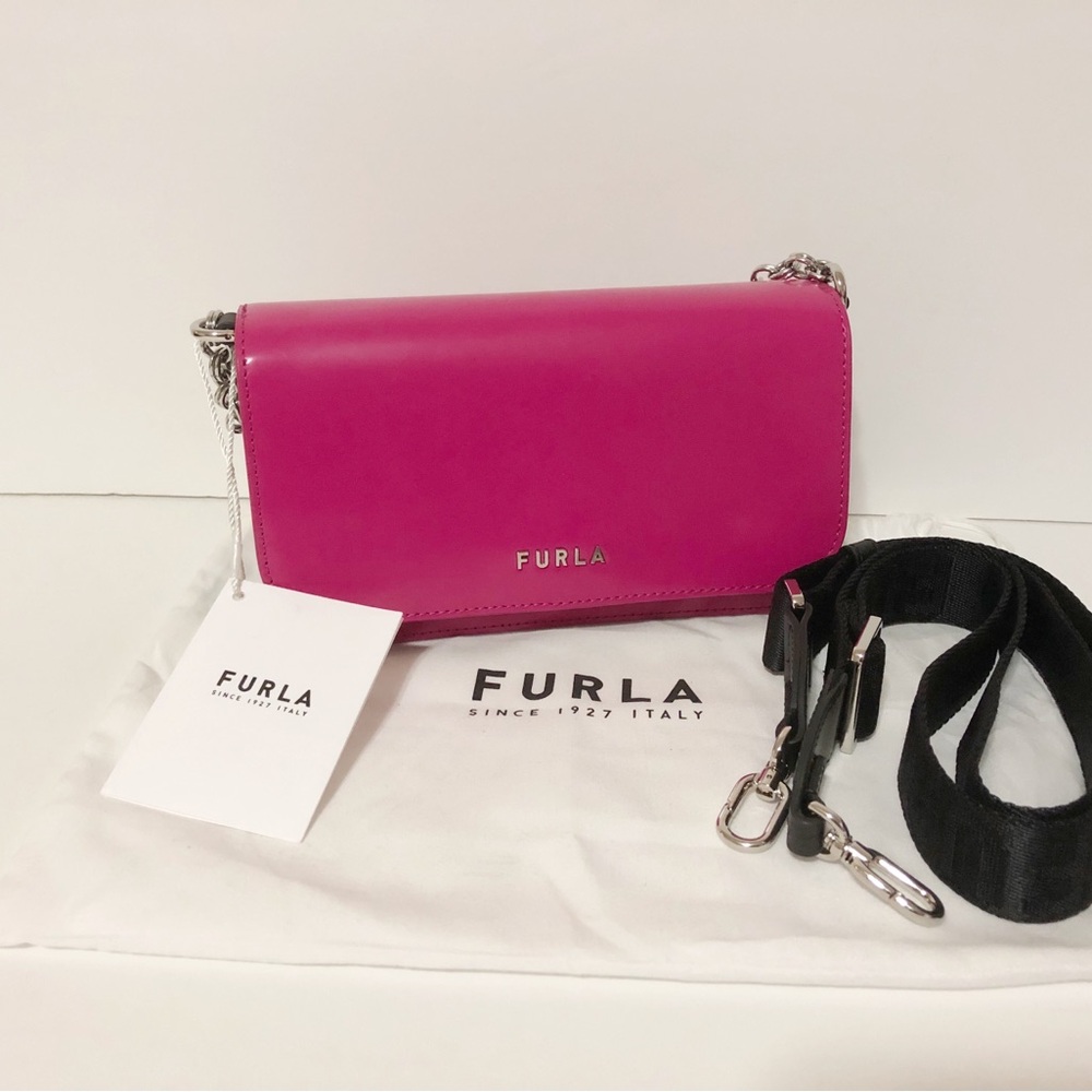 🌸New Furla Patent Leather Pink Shoulder Bag Handbag With Adjustable Strap